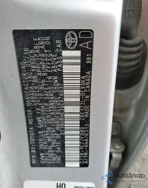 2016 Toyota Corolla L z USA, uszkodzony, nr VIN 2T1BURHE3GC676637